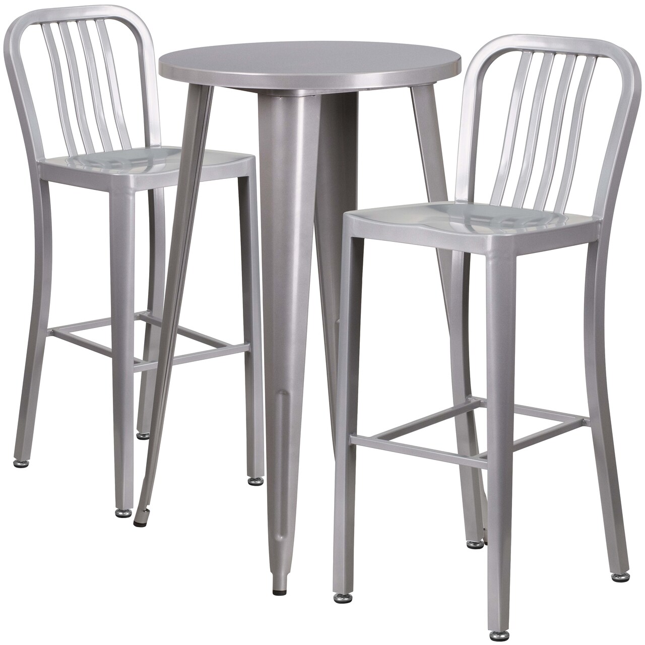 Merrick Lane Evelyne Outdoor Dining Set with 24" Round Table and Slatted Back Bar Stools with Footrests